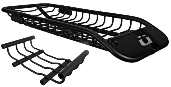 kuat mini skinny vehicle roof top cargo basket tray is narrow enough to allow a standard roof-rack bicycle mount to sit beside it