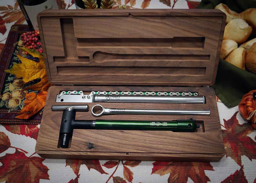 Abbey Bike Tools cracks open custom engraved tools and walnut gift boxes