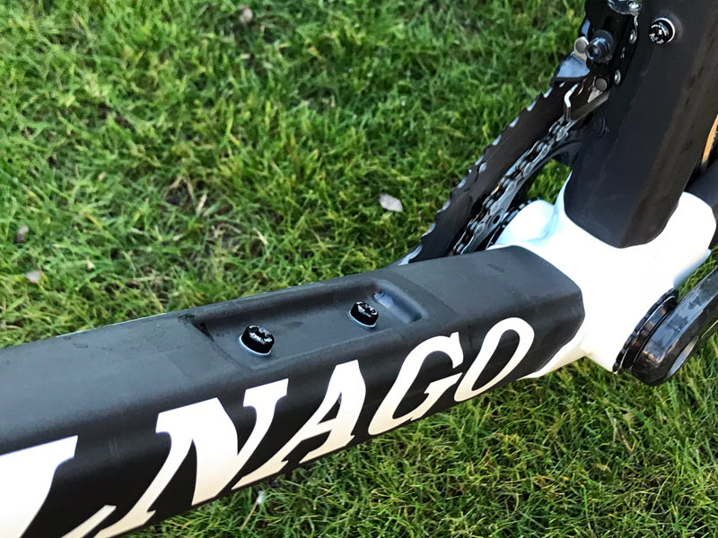 2018 Colnago C64 lightweight carbon road race bike has a recessed water bottle cage mount