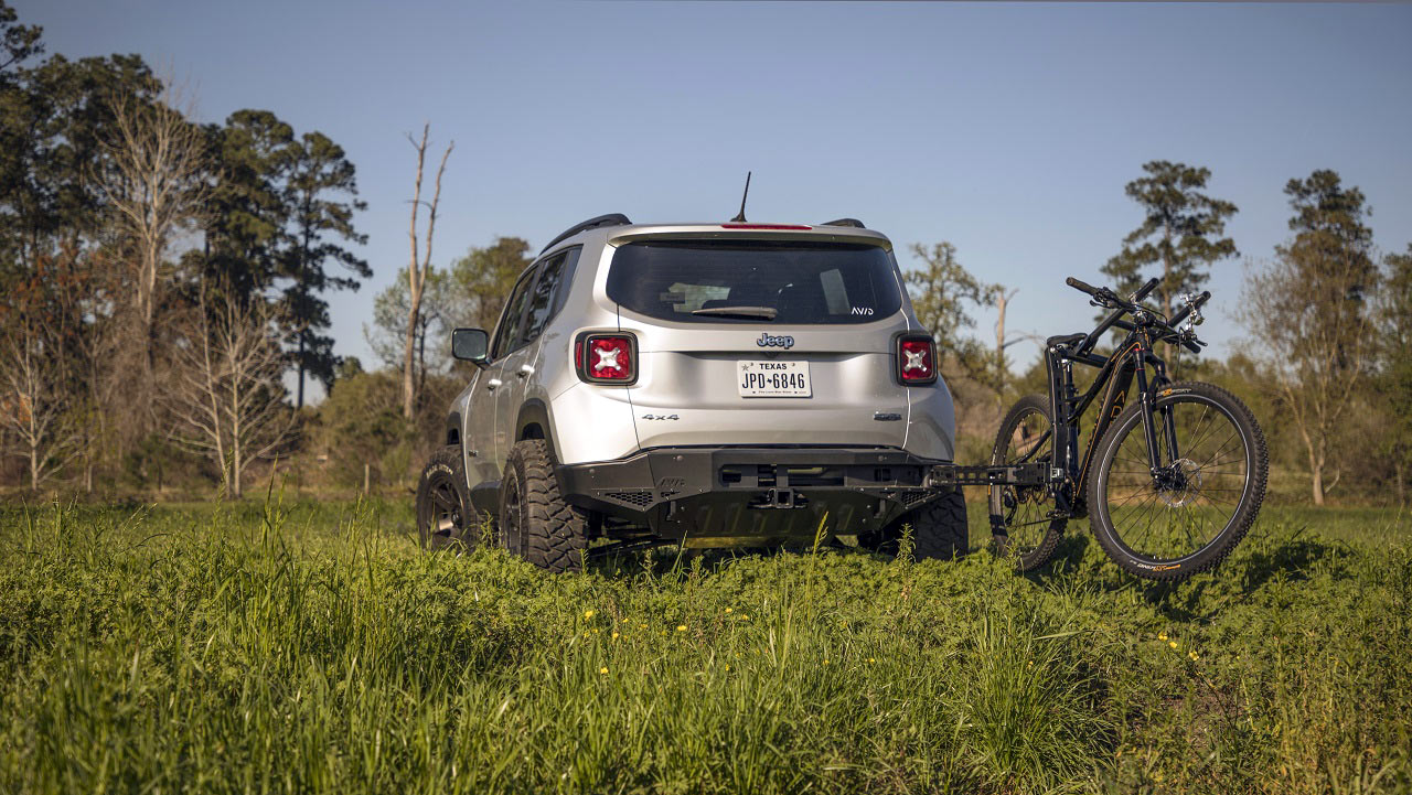 avid essentials lexicon rear bumper with integrated hidden rear bicycle rack that folds into the bumper