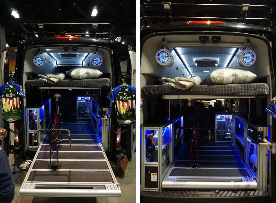 VanDOit custom Ford Transit adventure van with bed and built in bike rack
