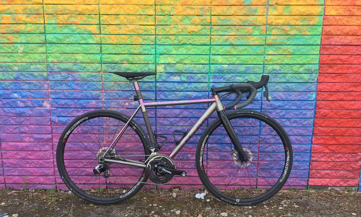 bikerumor pic of the day rainbow fade wall, Houston Texas, No. 22 Aurora Ti disc road bike.