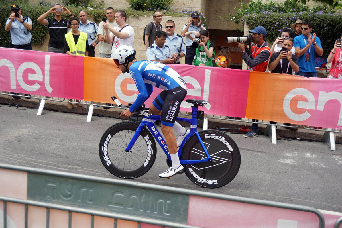 Guy Sagiv launches from the start gate in stage one of the 2018 Giro D-Italia individual time trial as the first Israel Cycling Academy rider of the day