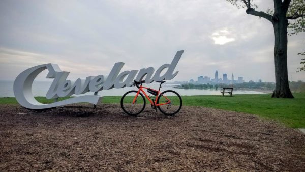 bikerumor pic of the day Orange Specialized Diverge in front of Cleveland sign with the city in the background.