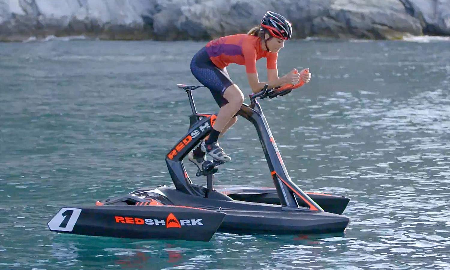 RedShark bikes go training or bikepacking by sea as trimaran, pedal-powered boat