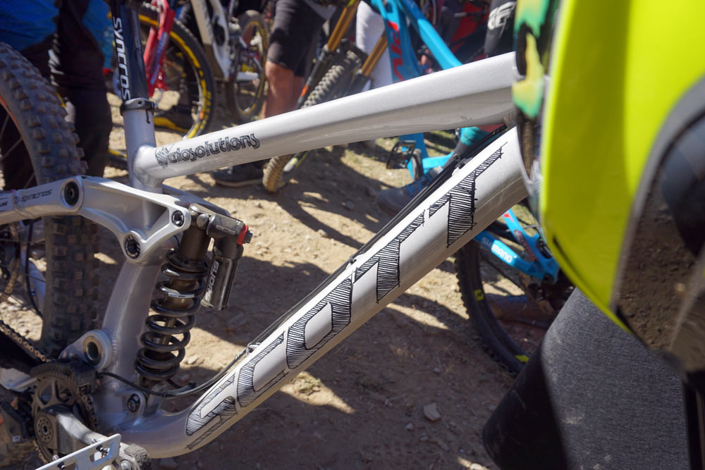 brendan fairclough prototype scott gambler dh mountain bike with new BOS inverted suspension fork at crankworx les gets downhill mountain bike race
