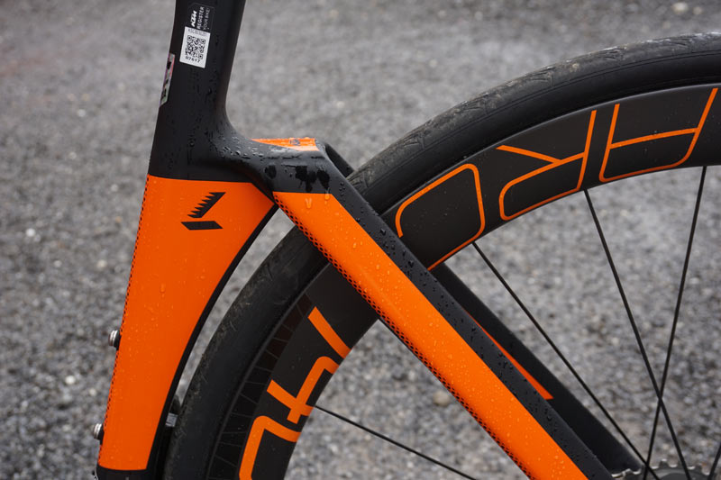 2019 KTM Lisse aero road bike with disc brakes and integrated front end cockpit that hides the cables in the stem