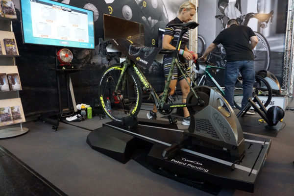 prototype cycleops floating trainer platform that rocks and sways under you while riding