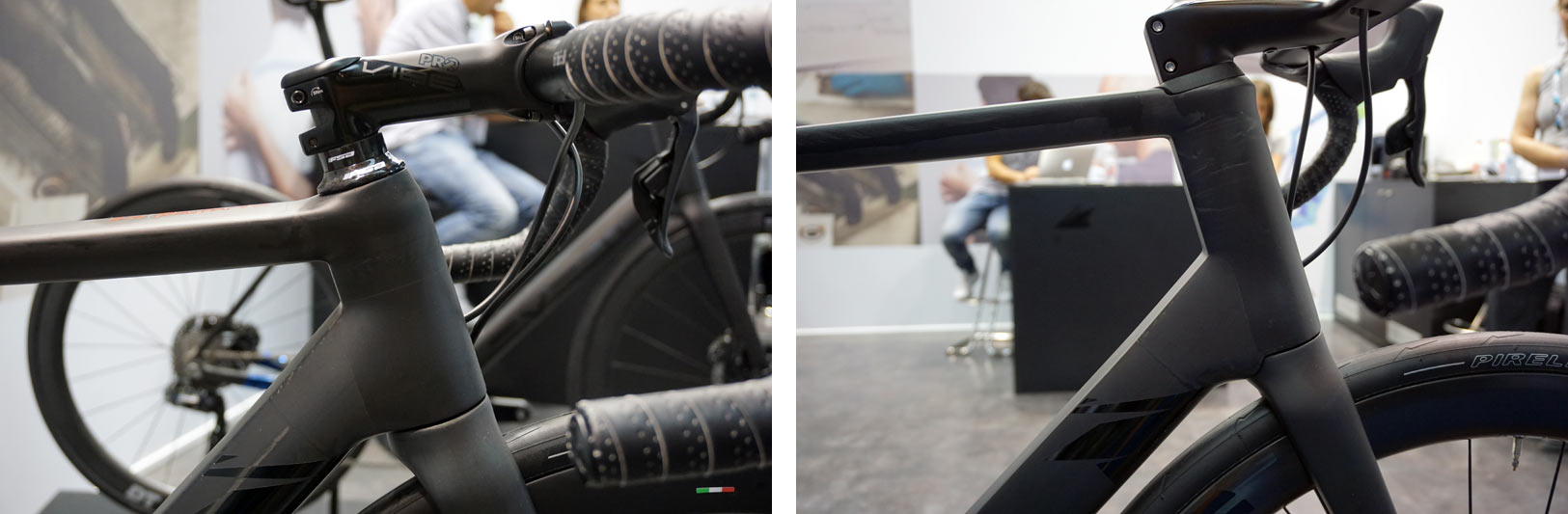 Exept custom monocoque carbon fiber road bikes are available with standard or integrated bar stem and seatpost designs