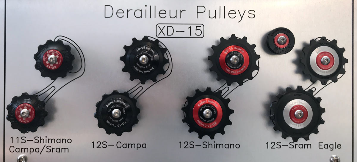 ceramic bearing pulley upgrade for Campagnolo 12-speed road bike and Shimano 12-speed XTR mountain bike derailleurs
