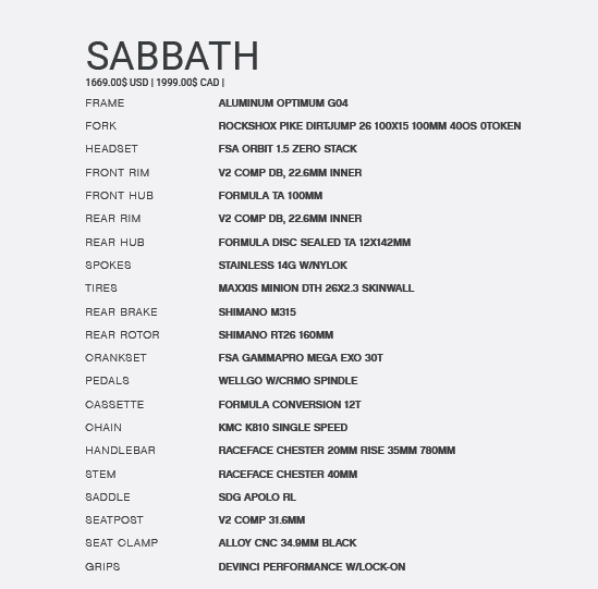 Devinci Sabbath 2019 complete bike build specs