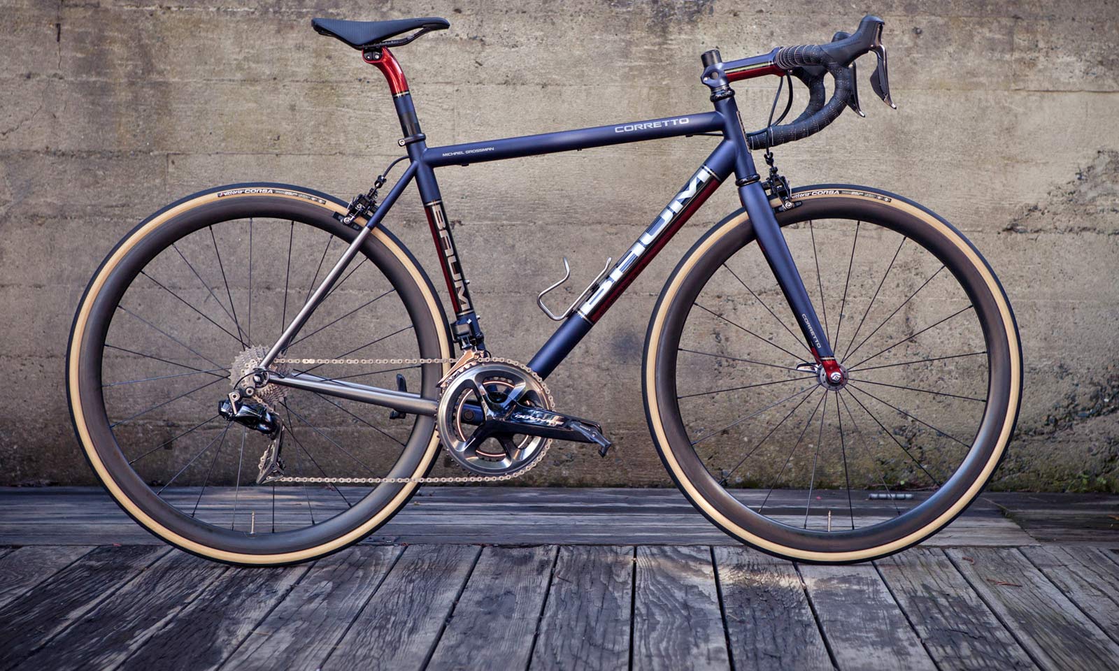 Baum Corretto, a modern classic custom titanium road bike in silky satin