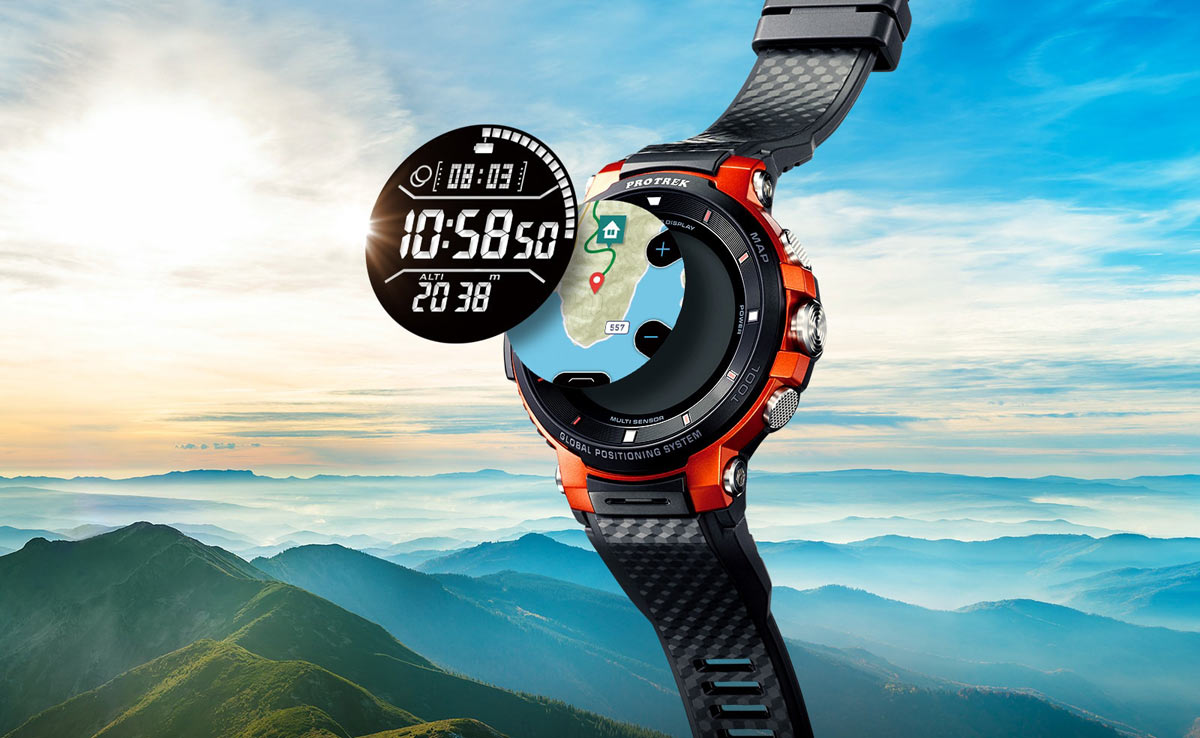 tech details on Casio Pro Trek WSD F30 GPS smart watch with full color offline maps for backcountry exploration