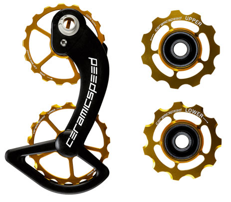 limited edition Gold CeramicSpeed OSPW oversized derailleur pulley wheel and cage system celebrates 20th anniversary