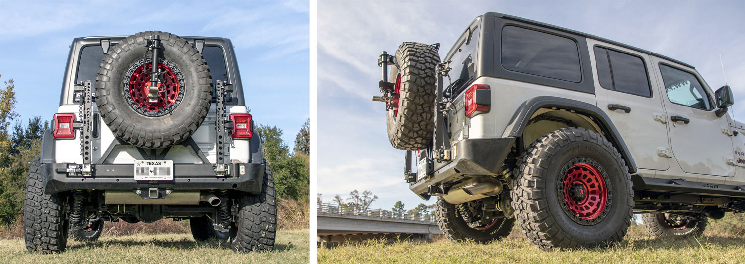 Roam Offroad integrated rear bumper swing-away bike rack and spare tire mount for Jeep Wrangler JL