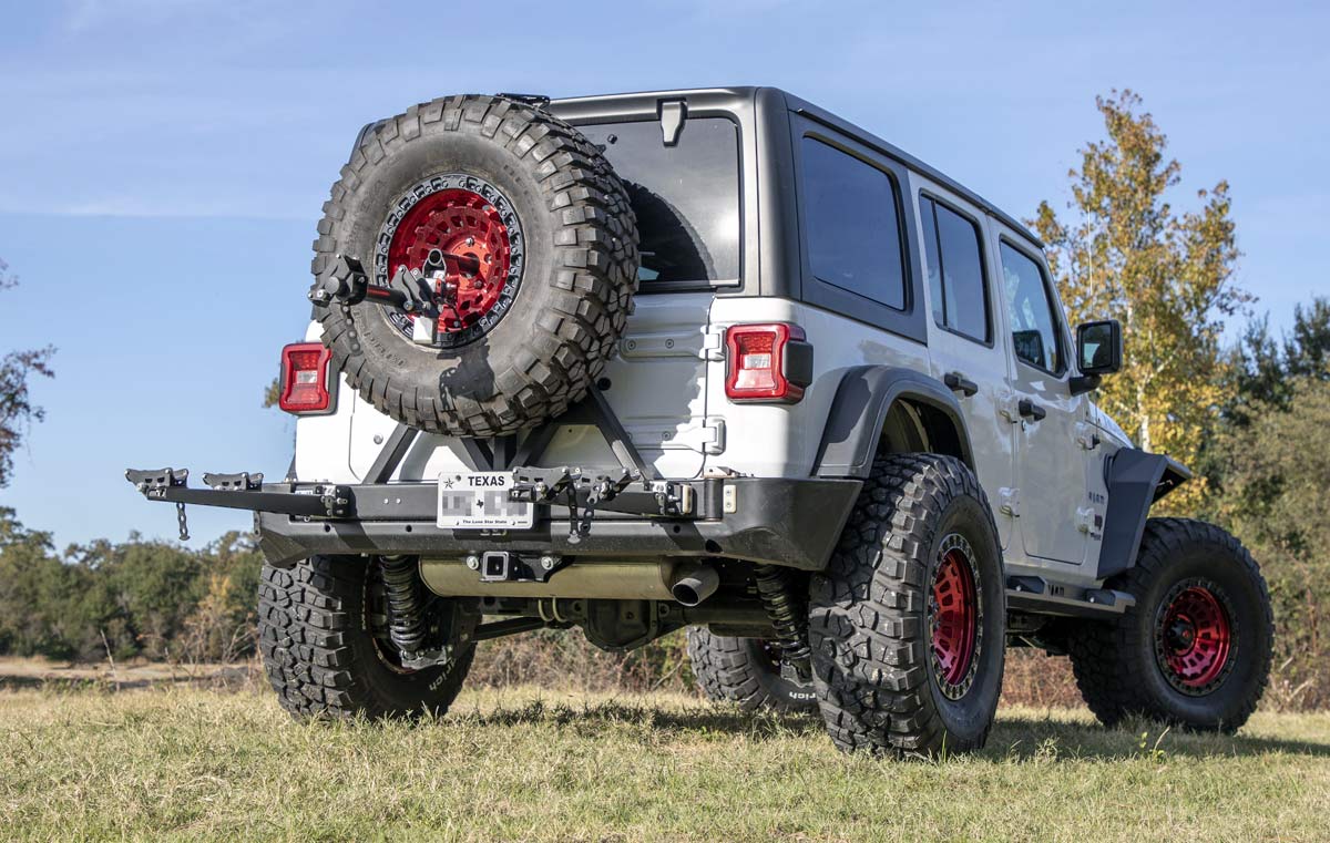 Roam Offroad integrated rear bumper swing-away bike rack and spare tire mount for Jeep Wrangler JL