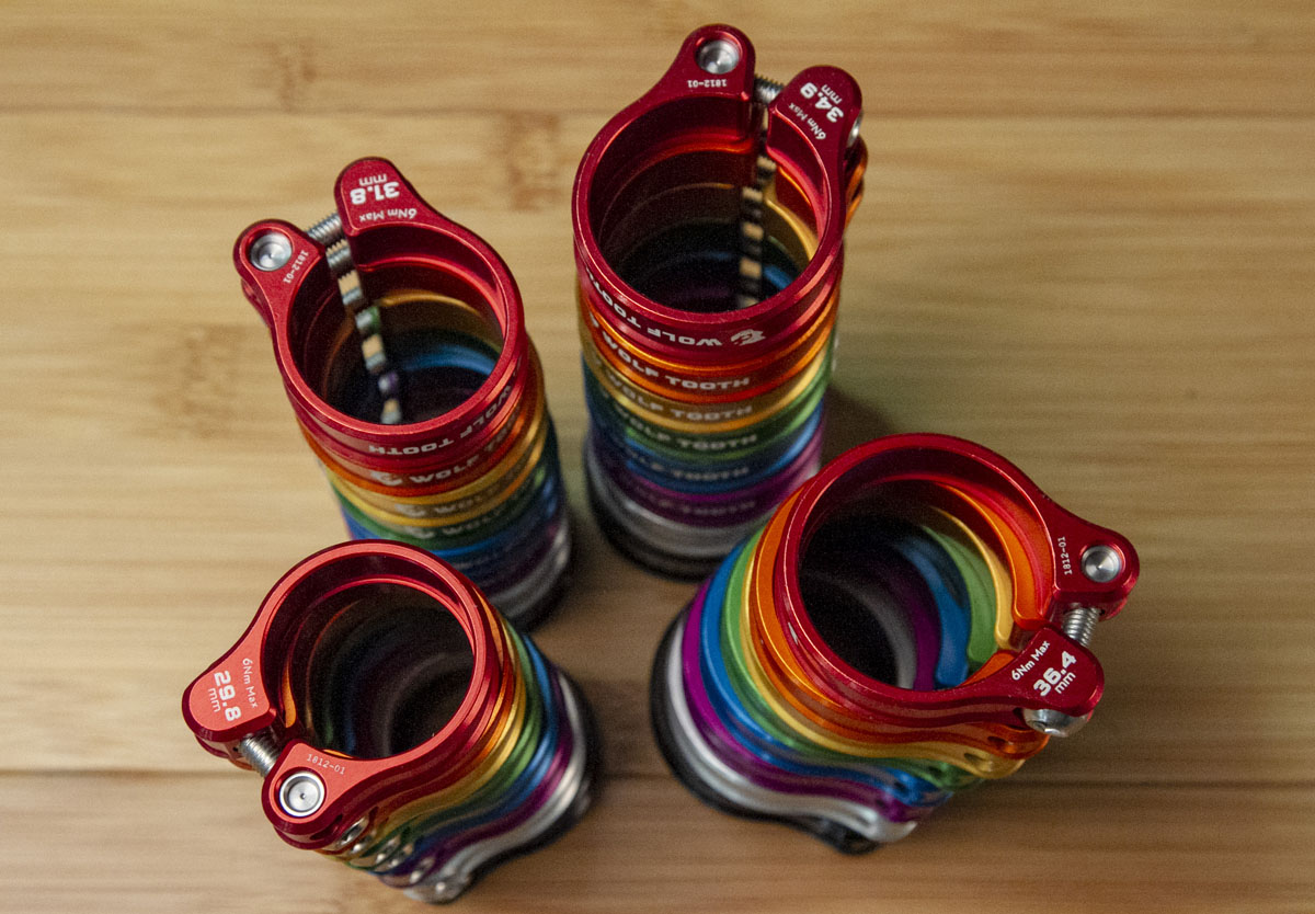 Wolf Tooth adds colorful clamps for your seatpost, more fat bike chainring options