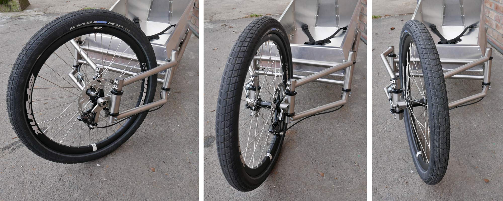 Catan titanium Cargobike lightweight mixed-surface gravel cargo bike, unique linkage arm steering engineered flex
