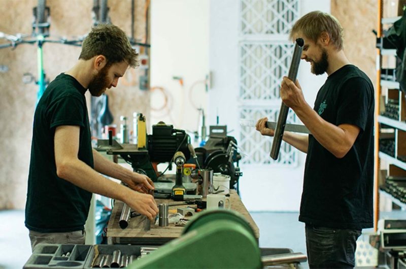 Tour Five Land Bikes steel frame building setup in Edinburgh