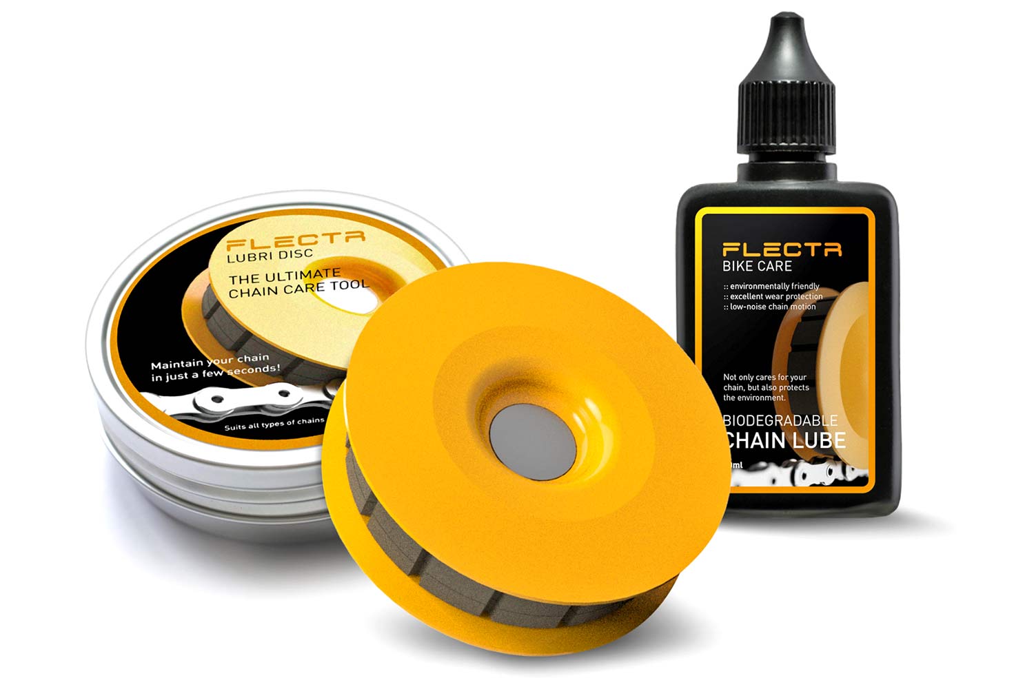 Flectr Lubri Disc chain lube clean, efficient chain lubrication gadget, felt lubricator wheel