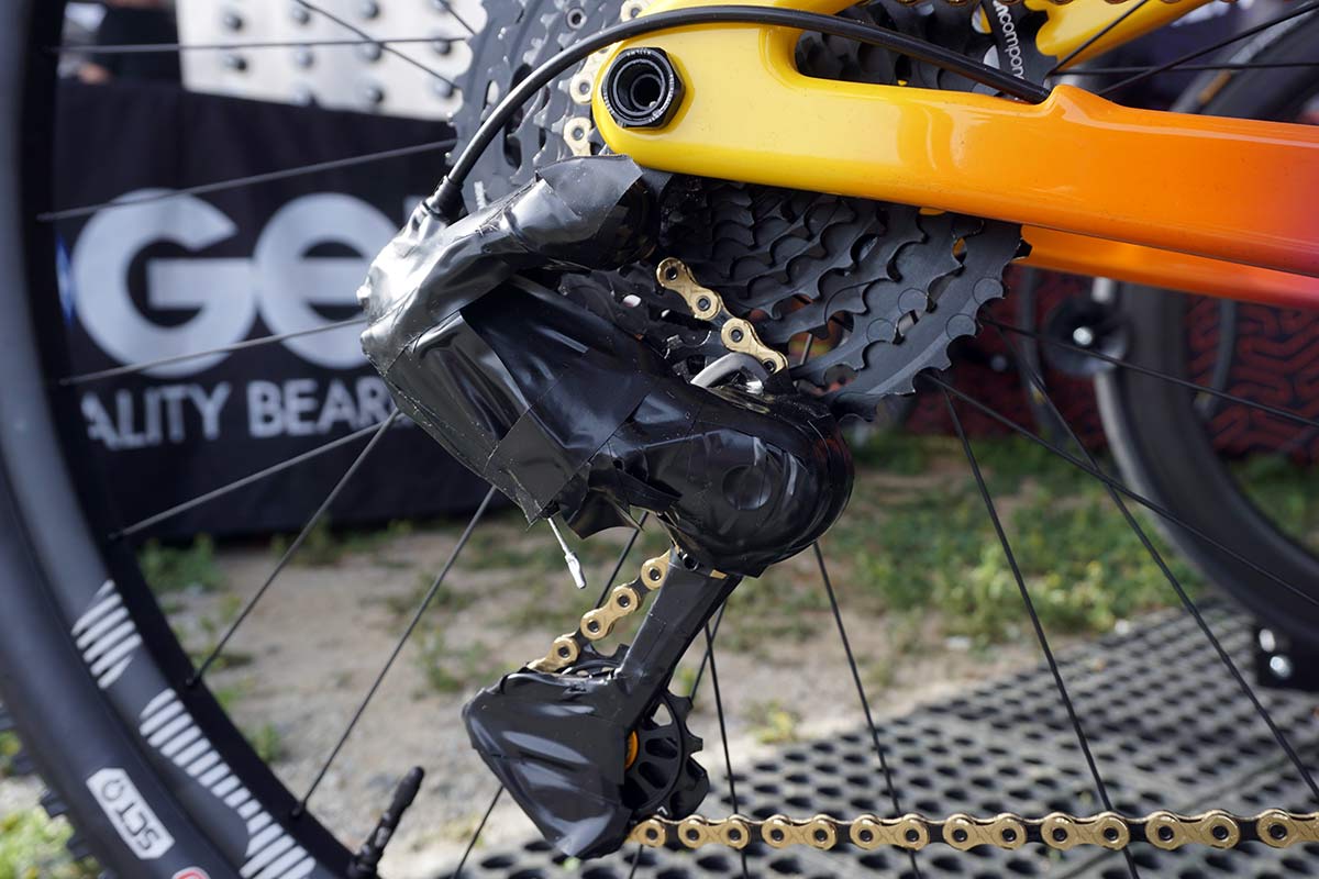 kogel ceramic bearing pulleys for shimano 12-speed mountain bike derailleurs and prototype TRP derailleur on Aaron Gwins bike