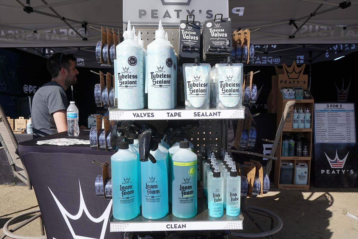 peatys tubeless tire sealant uses particles to clog leaks and plug mountain bike tires and comes in huge shop sized containers
