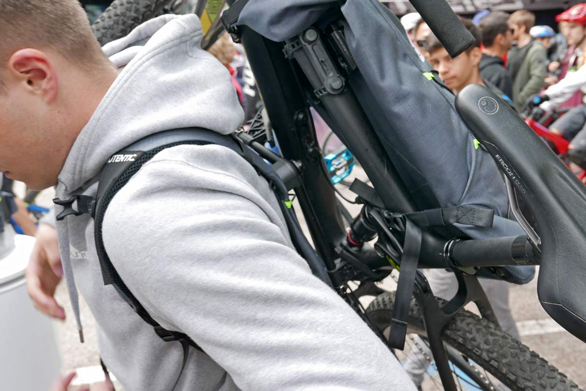 Outentic Hike And Bike backpack, modular Hike-a-Bike enduro mountain bike portaging backpack system, carry a bike