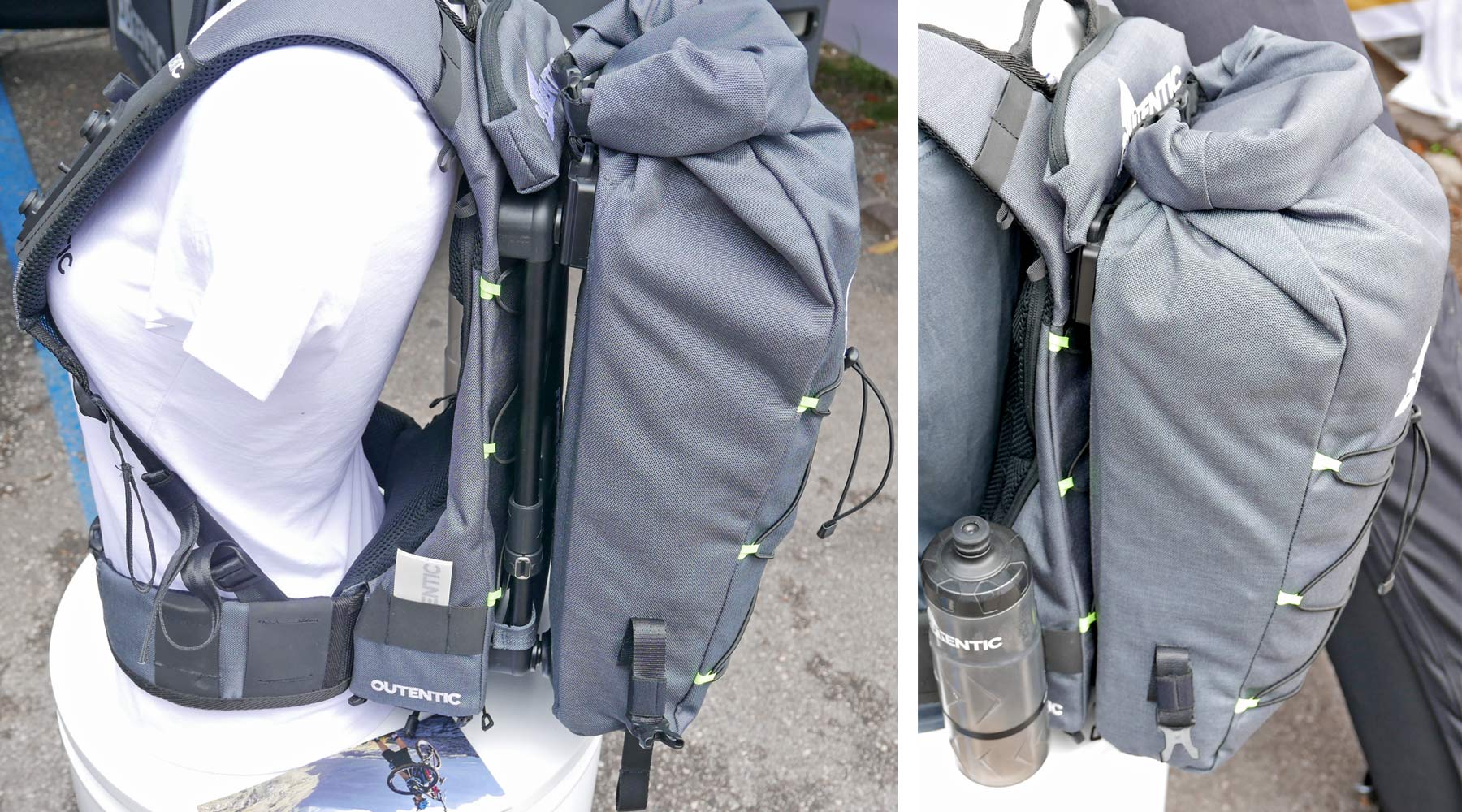 Outentic Hike And Bike backpack, modular Hike-a-Bike enduro mountain bike portaging backpack system, carry a bike