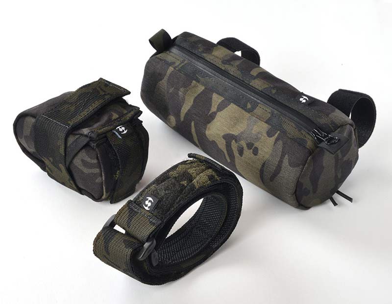 dark camo bicycle saddle bag accessory strap and handlebar bag