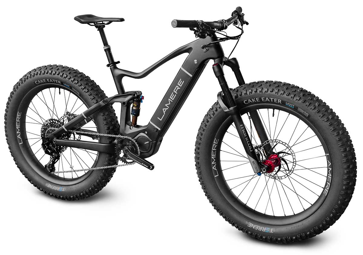 The LaMere eSummit is a full carbon, full suspension Fat e-Bike that morphs into true e-MTB for summer