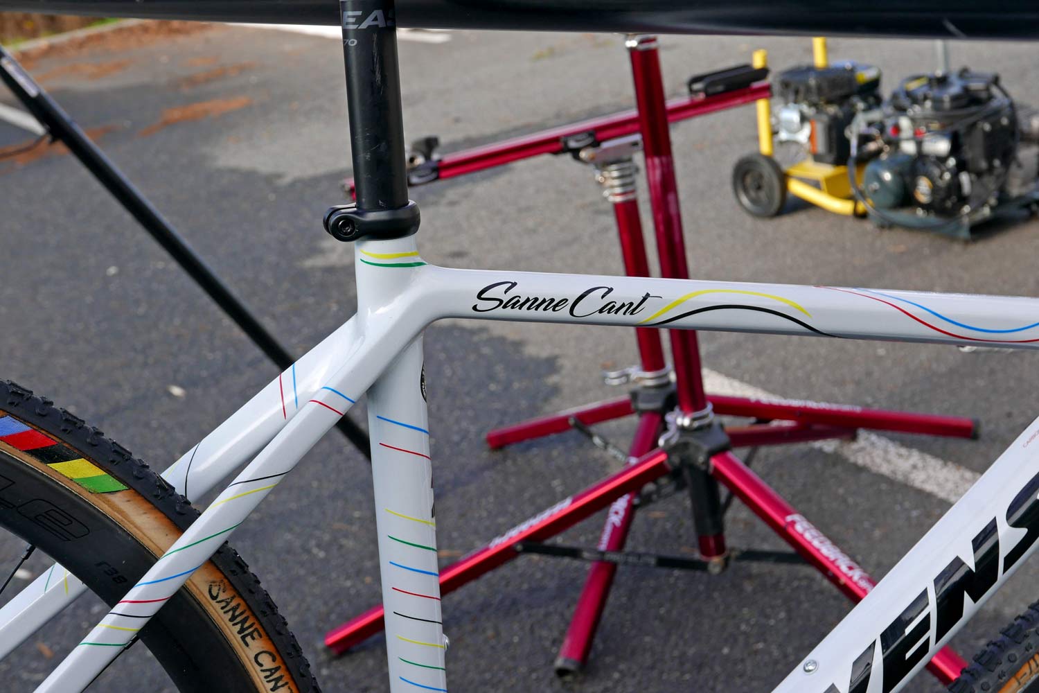 CX Pro Bike Check, rainbow-stripe custom Stevens Super Prestige carbon disc brake World Cup Cyclocross race bike of World Champion Sanne Cant 
