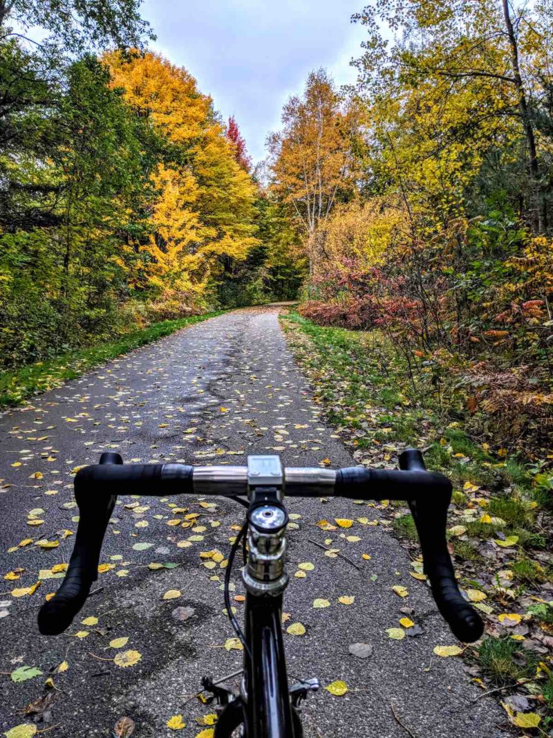 bikerumor pic of the day road bike looking out over the fall leaves on the trail in cadillac, michigan.