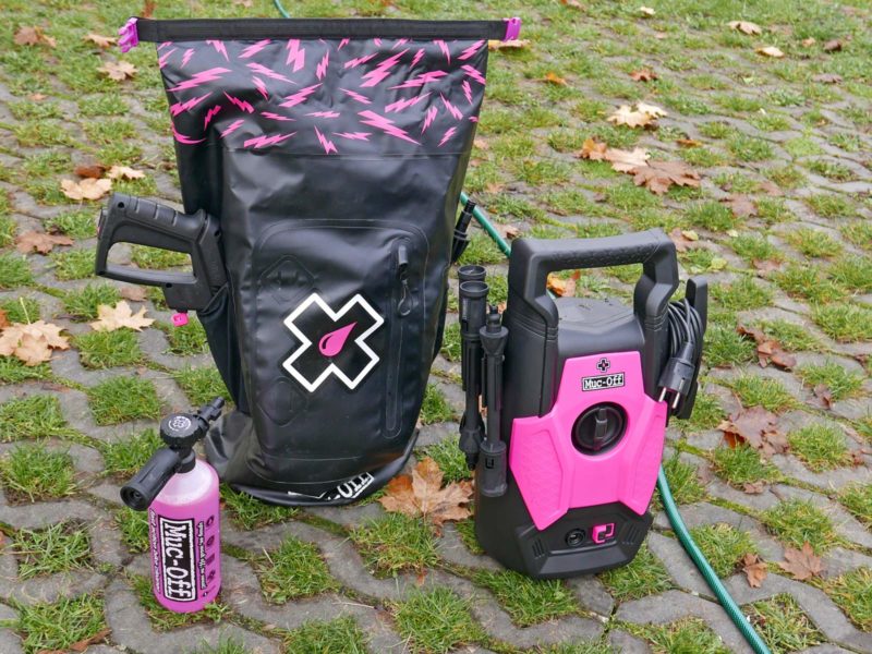 Muc-Off Pressure Washer review, bicycle-specific bike& bearing-safe compact electric regulated-pressure pressure washer with Snow Foam soap bubble attachment sprayer