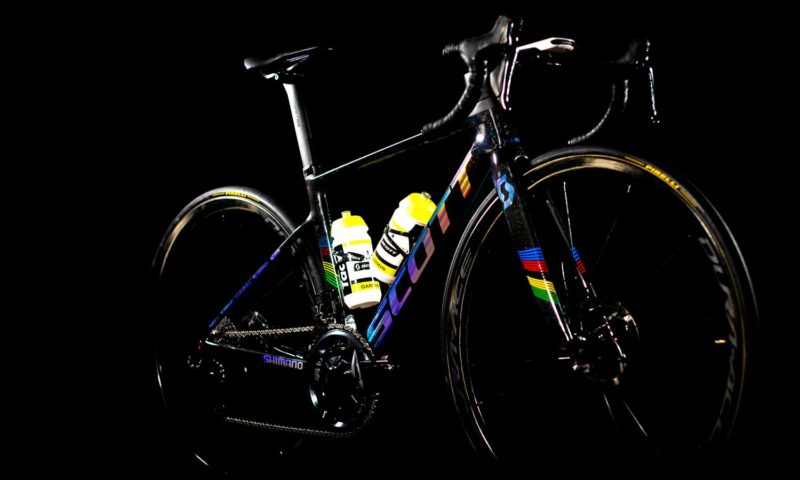 2020 Scott Addict RC aero road bike, custom World Champion rainbow Scott Addict RC of Annemiek van Vleuten, photo by Sam Flanagan