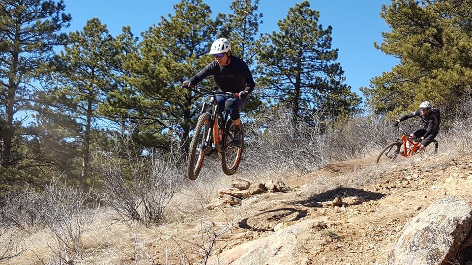 bikerumor pic of the day mountain biker in the air along a dirt trial with pine trees in the background.