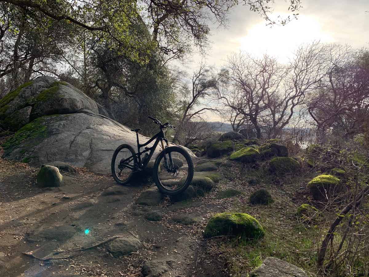 bikerumor pic of the day black mountain bike resting near a boulder and moss covered rocks near sacramento california.
