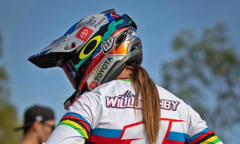 Troy Lee Designs D4 Carbon MIPS DH helmet, next gen lightweight carbon downhill mountain bike full face helmet, BMX World Champion Alise Willoughby RedBull