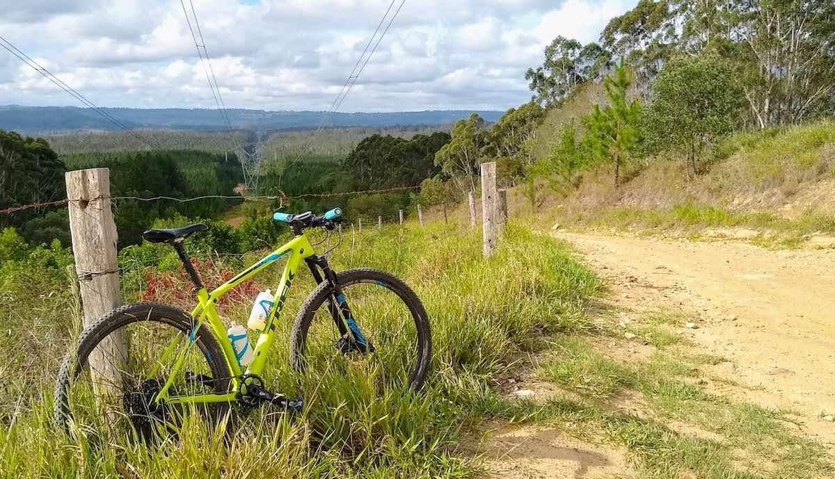 bikerumor pic of the day biking in Beerburrum Forest, Queensland, Australia. Bicycle leaning against barbed wire fence alongside a dirt road looking out over a forest.