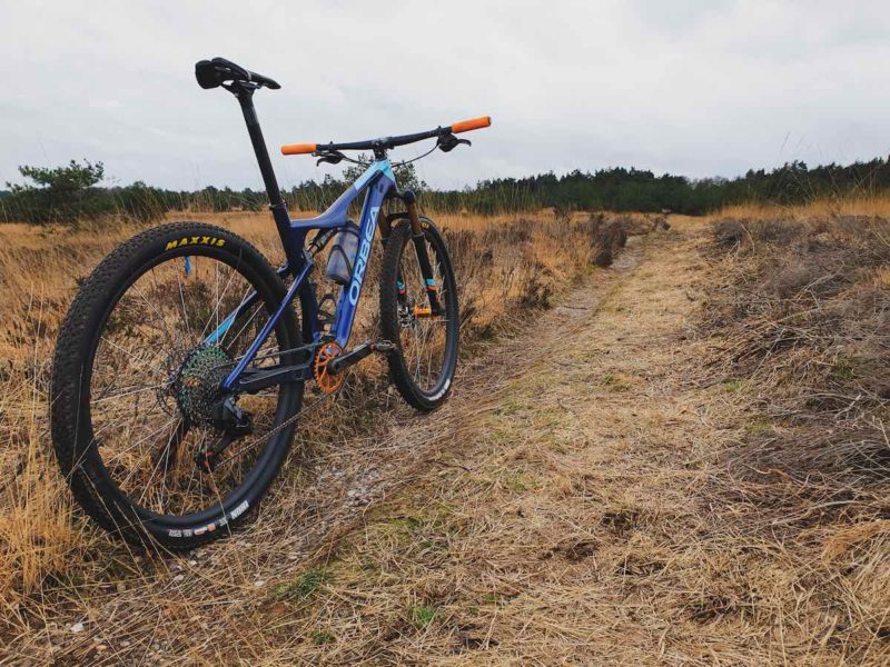 blue orbea mountain bike in the Veluwe park in a golden grass field with green brush ahead. Bikerumor pic of the day in the Netherlands.