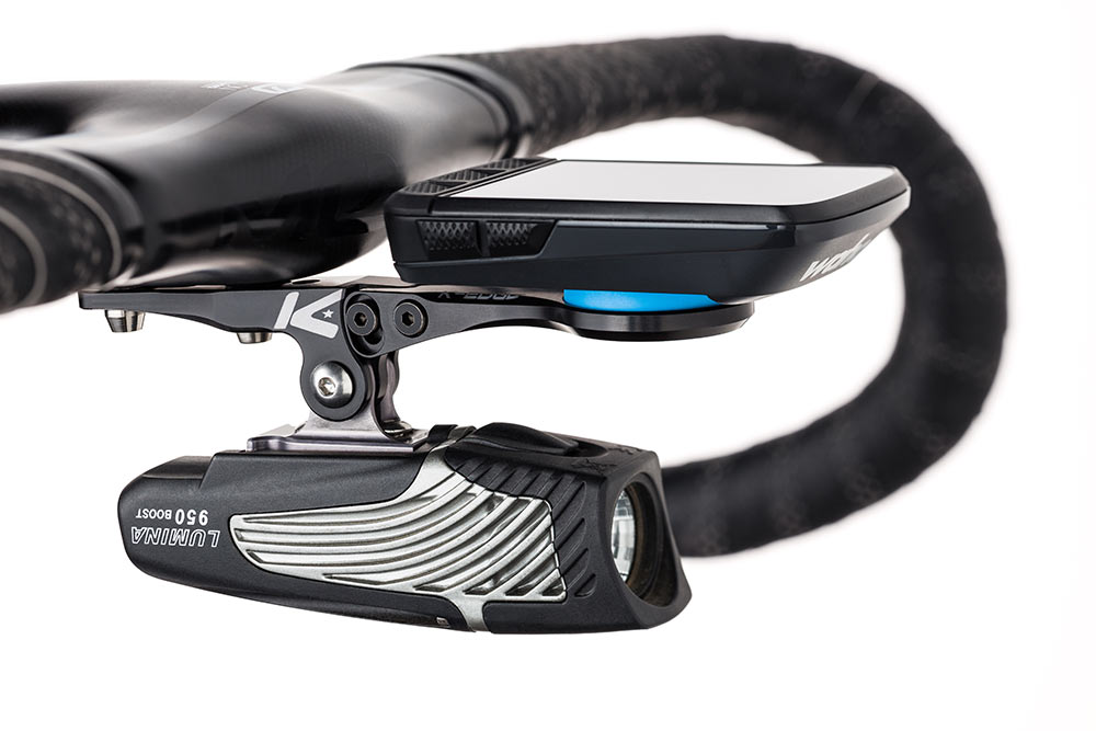 k-edge gps cycling computer mount for integrated one-piece handlebar and stem combo with gopro and light mount underneath