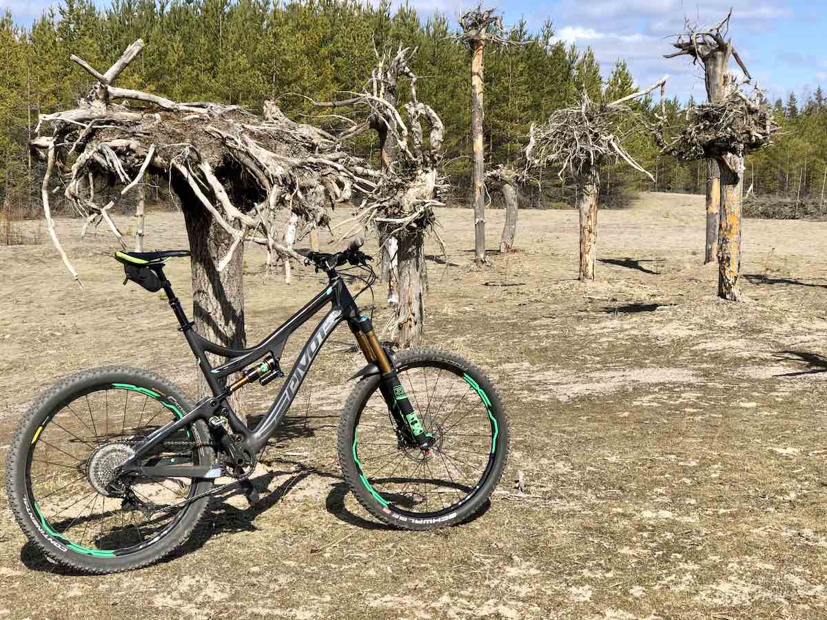 bikerumor pic of the day Hyvinkää Finland nature park with a pivot bicycle posed in front of bug hotels planted in the dirt with trees in the background. bug hotels are upside down tree stumps with the roots in the air.