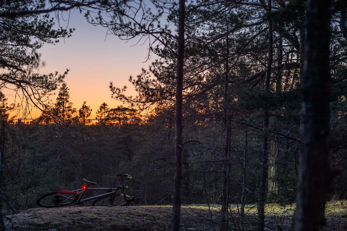 bikerumor pic of the day bike riding in the evening in lidingö sweden, bicycle with a front light laying on its side in the middle of a trail in the dark woods with an orange glow in the sky.