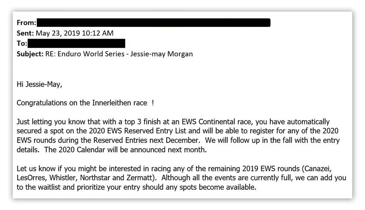 pro womens EWS enduro world series qualification email letter for bikerumor writer jessie may morgan