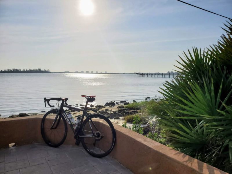 bikerumor pic of the day jamis bicycle overlooking port saint lucie with palms on one side and a bridge in the distance.