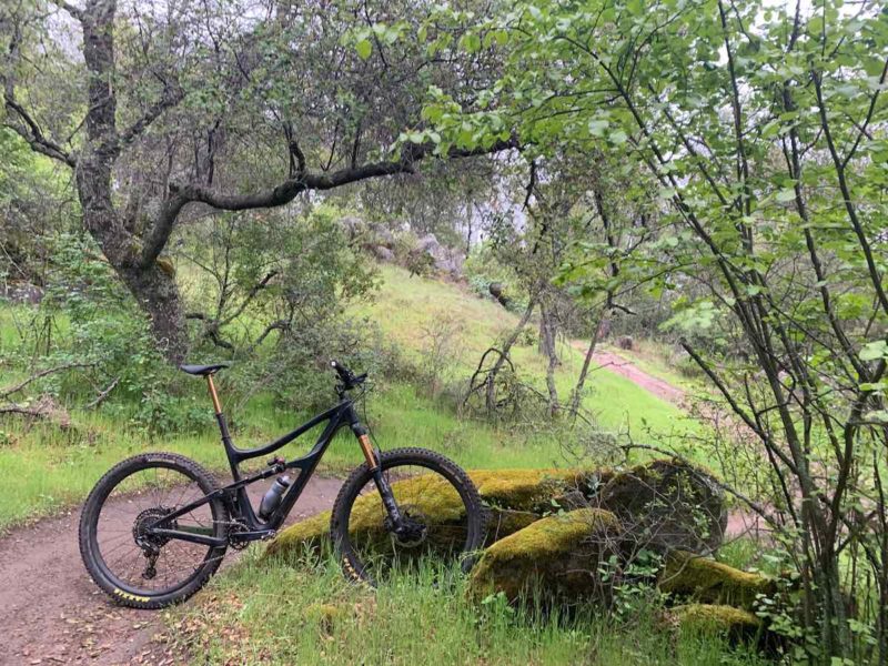 bikerumor pic of the day Granite Bay, CA, packed earth trail with bike leaning against mossy boulders and scraggly trees.