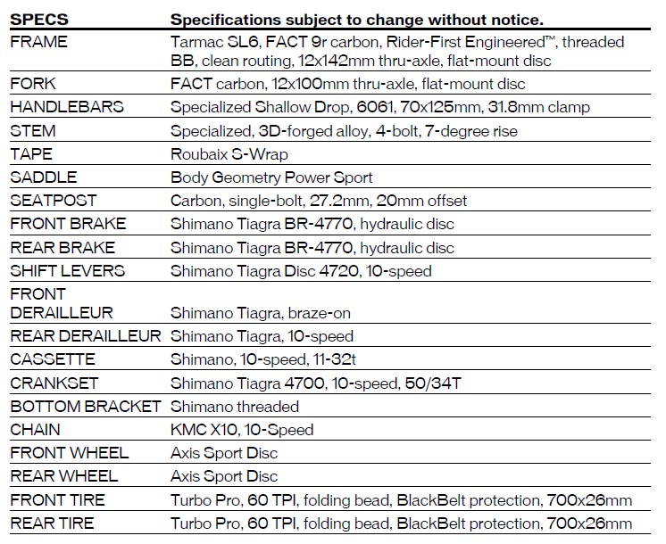 TARMAC SL6 specs