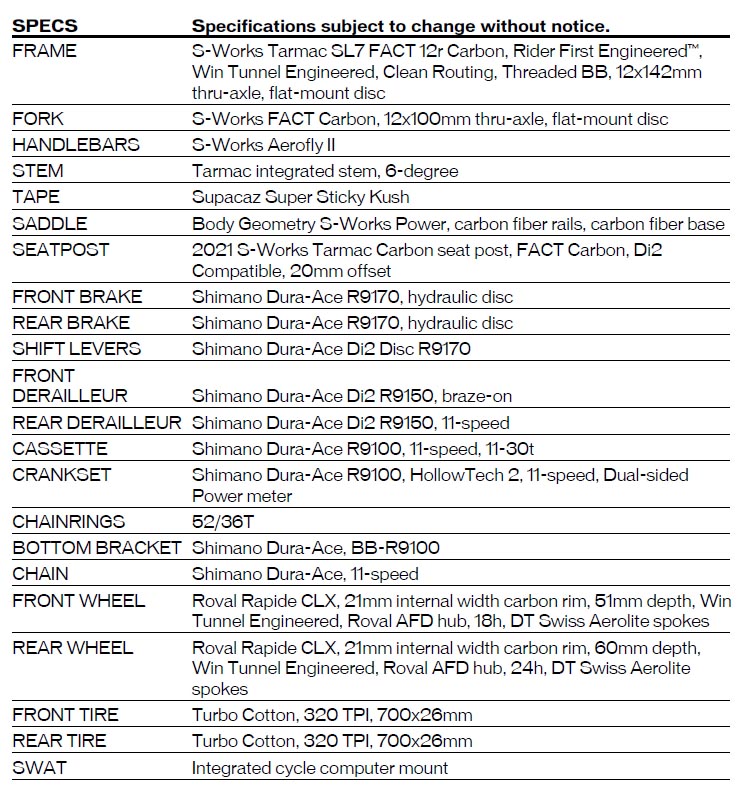S-WORKS TARMAC SL7 - DURA ACE DI2 specs