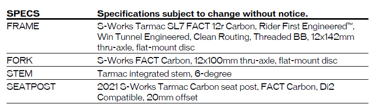 SL7 Framesets S-works Specs