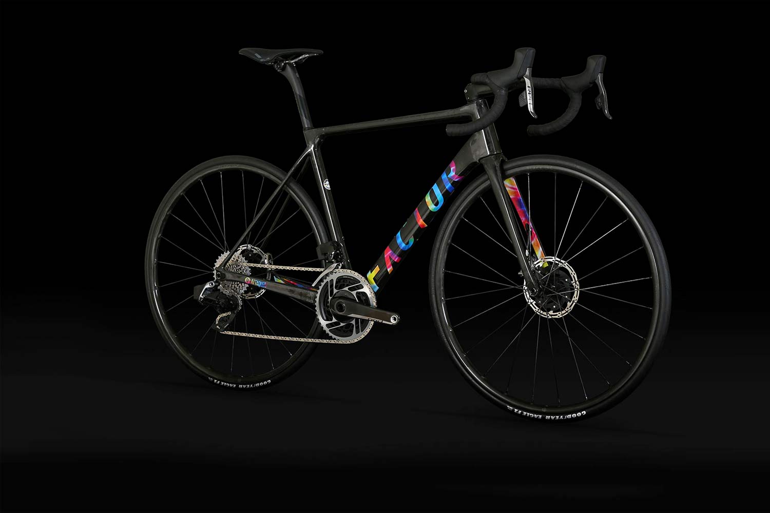 Factor O2 VAM is an ultralight carbon climber's road bike that weighs just 677g, complete angled