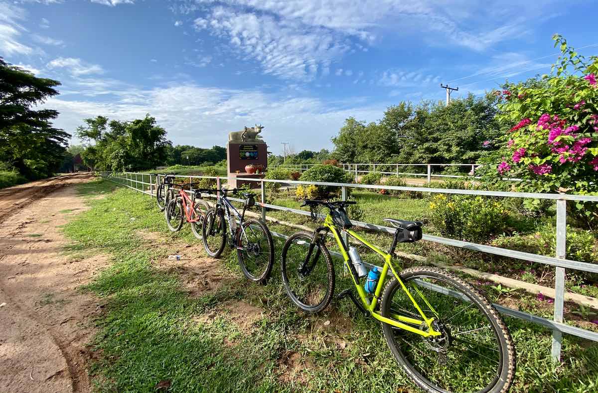 bikerumor pic of the day three bicycles lined up against fence with bouganviallia and green grass surrounding in Longvek, Cambodia